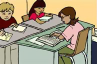 two students working near the teacher
