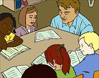 group reading at table