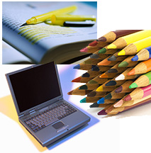 colored pencils, highlighter, laptop computer