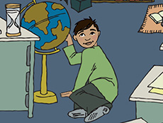 Student touching a globe