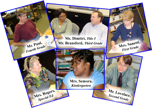 title 1 administrators. top row. mister Paul,Fourth Grade.miss Dimitri,Title I and mister Bransford,Third Grade. misses Sanetti,>First Grade. bottom row. misses Rogers,Special Ed.misses Semora,Kindergarten.mister Lovelace,Second Grade.