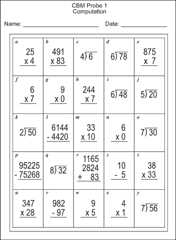 CBM probe 25 computations: a mix of multiplication, division, addition and subtraction problems at multiple levels of complexity.