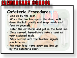 elementary school procedures:  Line up by the door.  When the teacher opens the door, walk down the hall quietly and keep hands and feet to yourself.  Enter the cafeteria and get in the food line.  Once served, immediately take a seat at your assigned table.  Stay seated until the teacher signals you to leave.  Put your food items away and line up by the cafeteria door.
