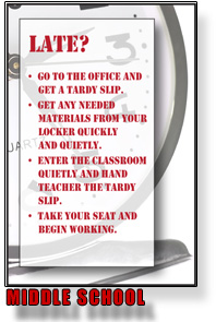 middle school procedures:  go to the office and get a tardy slip.  Get any needed materials from your locker quickly and quietly.  Enter the classroom quietly and hand teacher the tardy slip.  Take your seat and begin working.