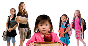 collage of younger students.  One has an apple, and the rest are walking around with books.