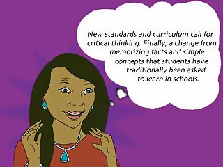 Teacher thought bubble:  New standards and curriculum call for critical thinking. Finally, a change from memorizing facts and simple concepts that students have traditionally been asked to learn in schools.