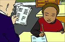 teacher administering written assessment to one student