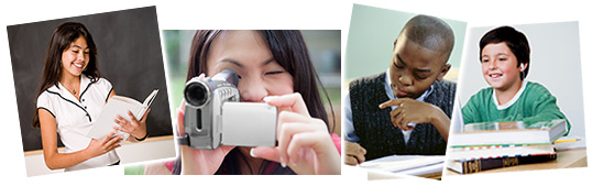 four photos of kids studying, using a video camera