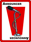 Announcer card: red with a microphone and stand.