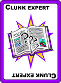 Clunk expert card: purple with an open book covered with question marks