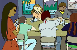 Teacher standing behind students working at a table