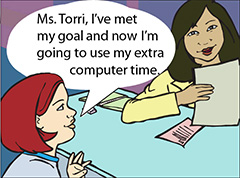 Alexandria talking to the teacher, "Ms. Torri, I've met my goal and now I'm going to use my extra computer time."