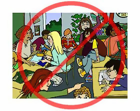 An image of unruly students covered by a red circle with a line through it.