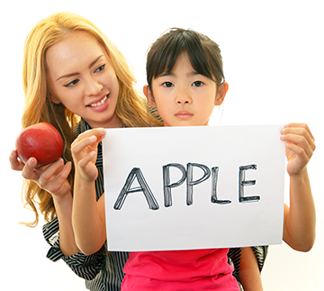 one girls hold an apple, another hold a sign saying apple