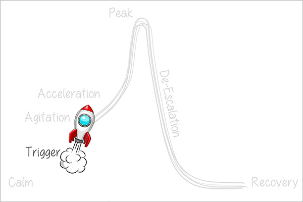 Acting-Out Cycle: Calm, Trigger, Agitation, Acceleration, Peak, De-Escalation, and Recovery Phases.