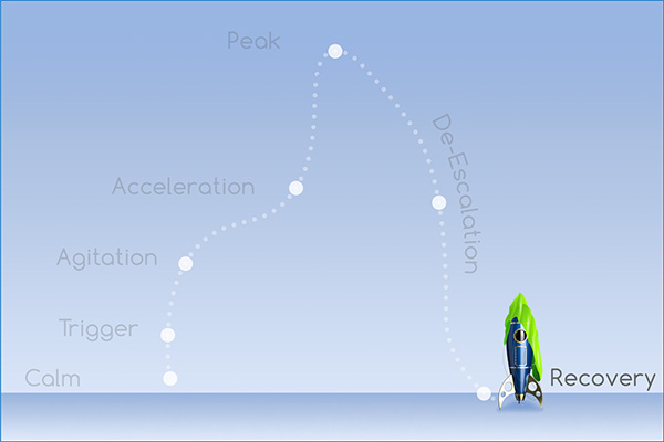 Acting-Out Cycle: Calm, Trigger, Agitation, Acceleration, Peak, De-Escalation, and Recovery Phases.