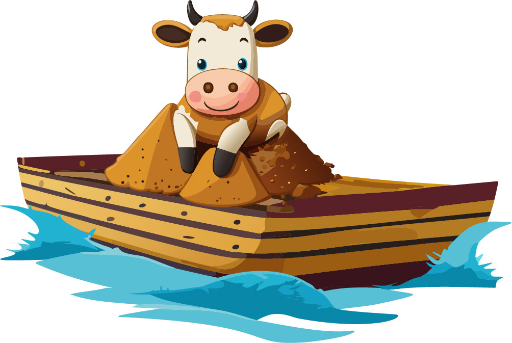 Cow sitting on pile of sand in boat
