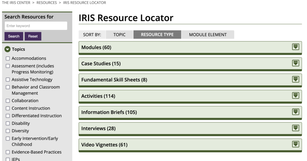 IRIS Resource Locator showing the options under Resource Type.