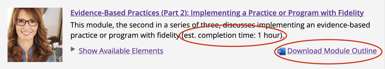 Screenshot of a module description with a circle around Completion Time and a circle around Download Module Outline.